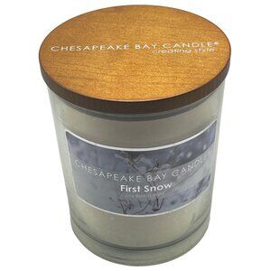 Chesapeake Candle white candle in glass jar wood lid First Snow Soy blend READ